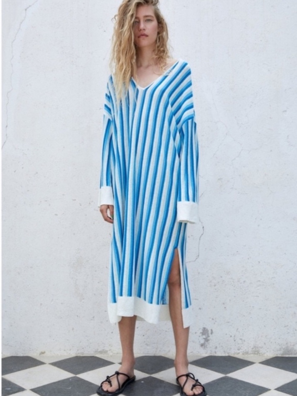 Zara Blue and White Striped V-Neck Knit Dress